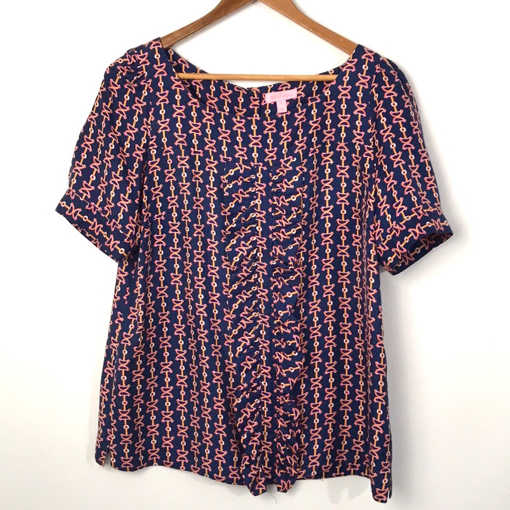 Lilly Pulitzer Blue and Pink Horse-bit Short Sleeve Top